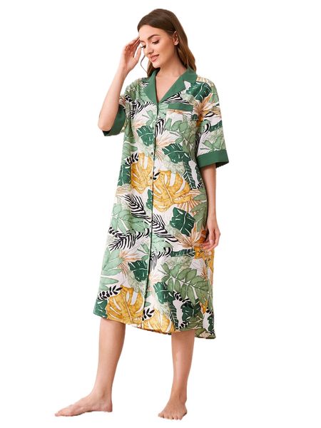

tropical print drop shoulder patched pocket nightdress 829k#, Black;red