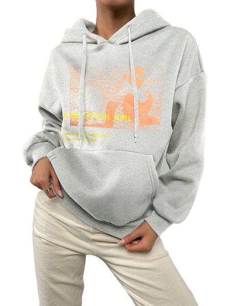 

slogan & figure graphic kangaroo pocket drop shoulder drawstring thermal hoodie f76d#, Black