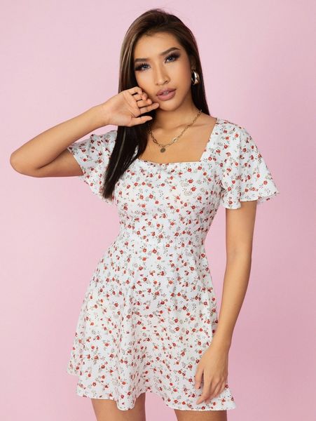 

petite ditsy floral butterfly sleeve dress 54vl#, Black;gray
