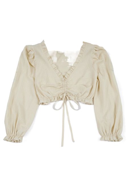 

plus frill trim drawstring front crop blouse h6lc#, Black