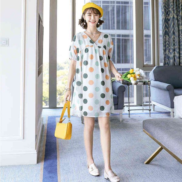 Koreanischen Stil Vneck Sommer Mode Mutterschaft Chiffon Kleid Block Farbe Polka Dot Druck Schwangere Frau Aline Kleid Mit Liner J220628