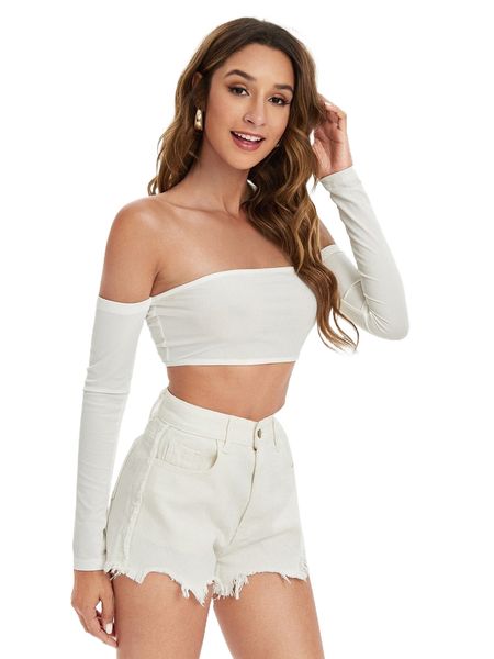 

off the shoulder backless solid s8wt#, White
