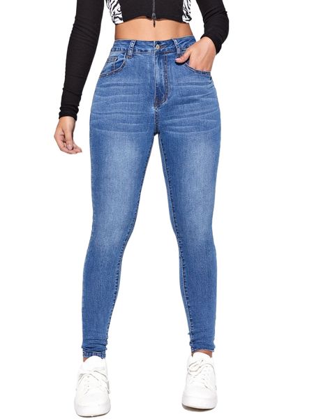 

high waist bleach wash skinny jeans a7xi#, Blue