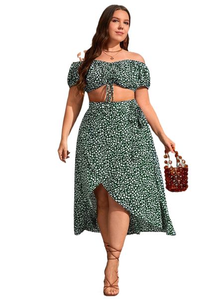 

plus ditsy floral off shoulder drawstring & tie side wrap skirt y1hg#, Black