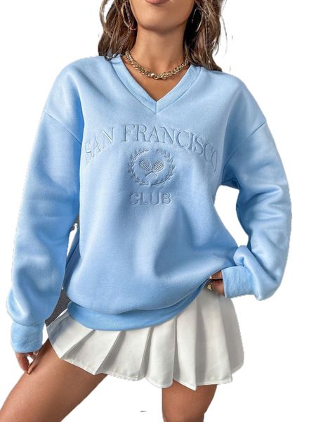 

letter embroidery drop shoulder sweatshirt v8d0#, Black