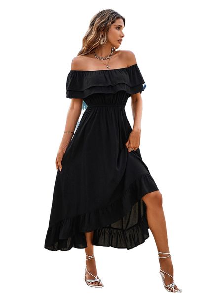 

off shoulder layered trim ruffle hem dress p5lf#, Black;gray