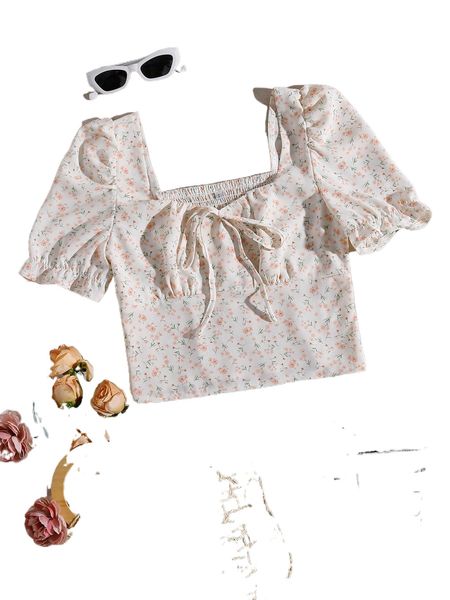 

tie neck shirred back ditsy floral 52qz#, White