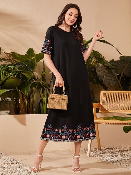 

floral print round neck dress o170#, Black;gray