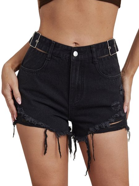 

buckle belted raw hem straight leg denim shorts o78q#, White;black