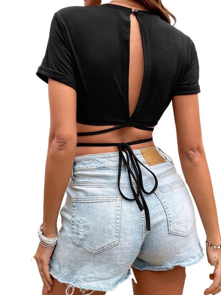 

crisscross tie back crop tee t6ff#, White
