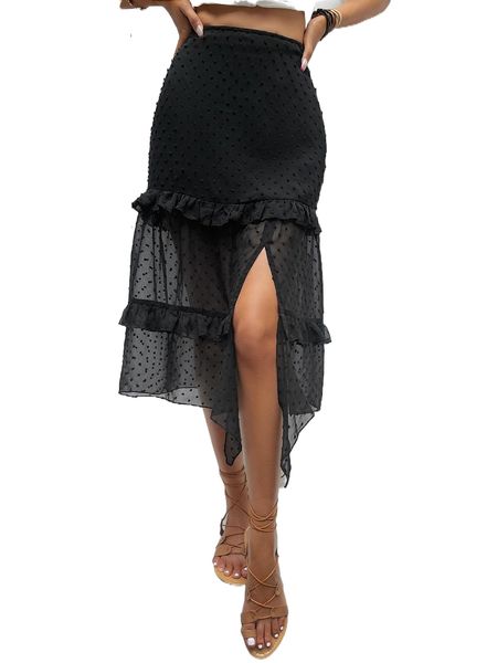 

swiss dot ruffle trim skirt m8ke#, Black
