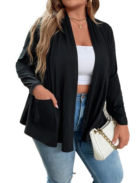 

plus pocket patched open front coat s50h#, Black