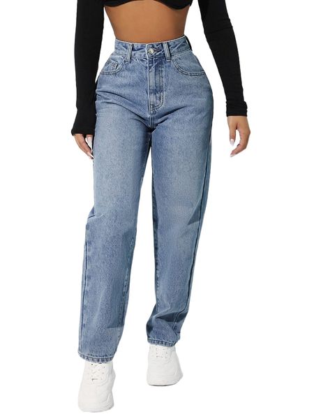

high waist washed tapered jeans l9lg#, Blue