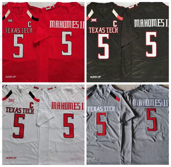 Mens Ncaa Texas Tech # 5 Patrick Mahomes Ii College Football Jerseys Vintage C Patch Preto Vermelho Branco Cinza S-xxxl