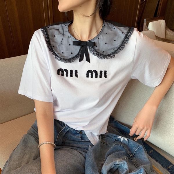 

warehouse clothing lace doll collar letter nail bead t-shirt female summer new product sweet heavy industry straight tube mercerized cotton, White
