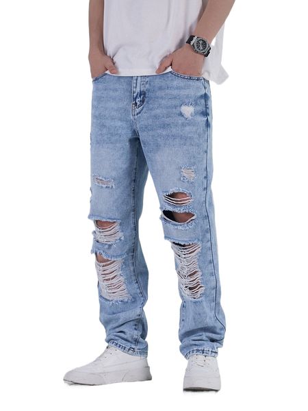 

men ripped straight leg jeans i2g6#, Blue