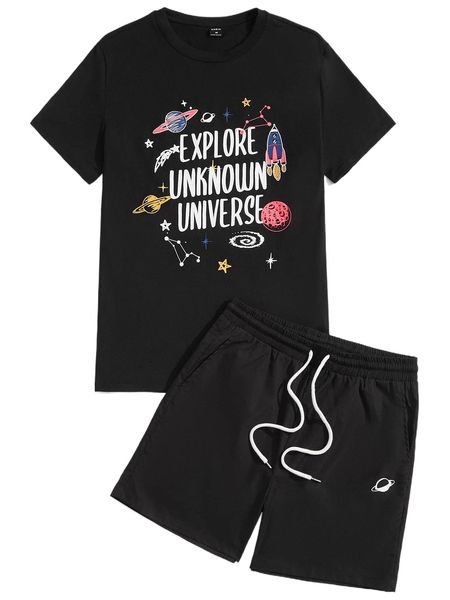 

men planet & slogan graphic tee & slant pockets shorts i3u7#, Gray