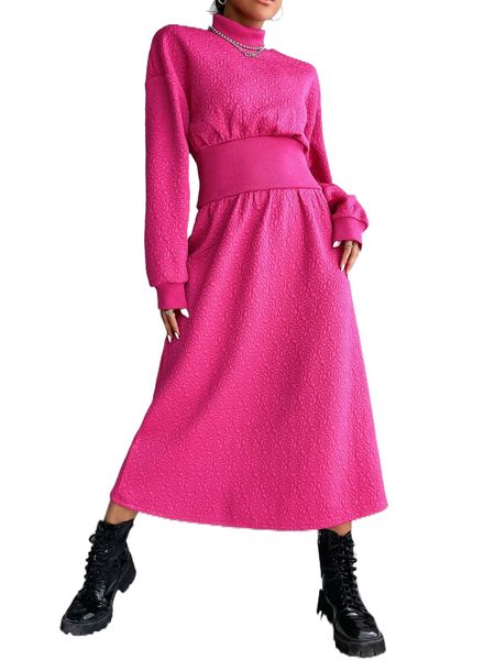 

floral print drop shoulder mock neck sweatshirt dress j1iz#, Black