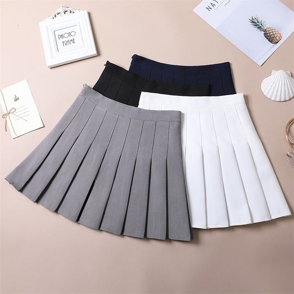 

spring women skirt solid pleated skirts high waisted aline short skirt sweet cute girl school uniform zipper mini skirt 210306, Black