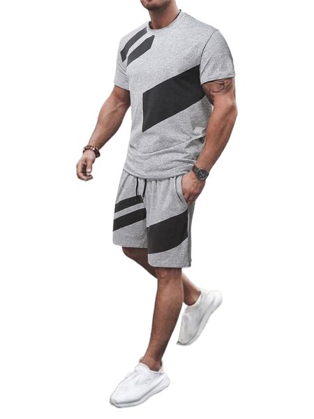 

men random striped print tee & drawstring waist shorts f2cz#, Gray