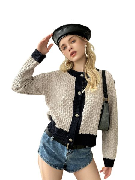 

contrast trim drop shoulder textured knit cardigan l1ey#, White;black