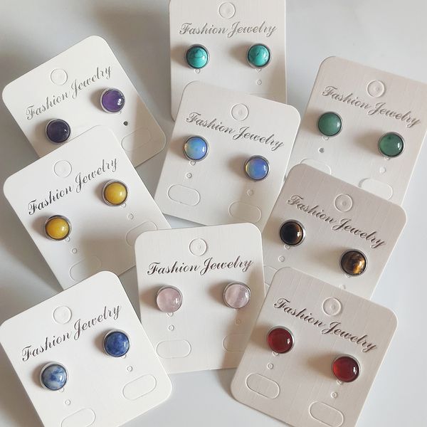 

8mm 10mm 12mm natural stone stainless steel stud earring tiger eye opal amethyst rose quartz earrings for women girl jewelry, Golden;silver