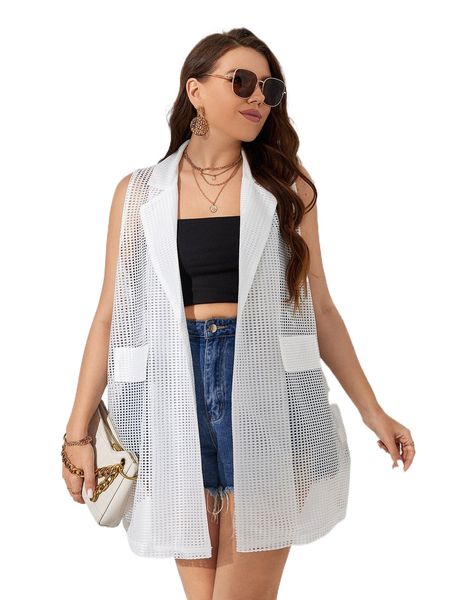 

plus lapel neck hollow out sleeveless coat q9dz#, Black
