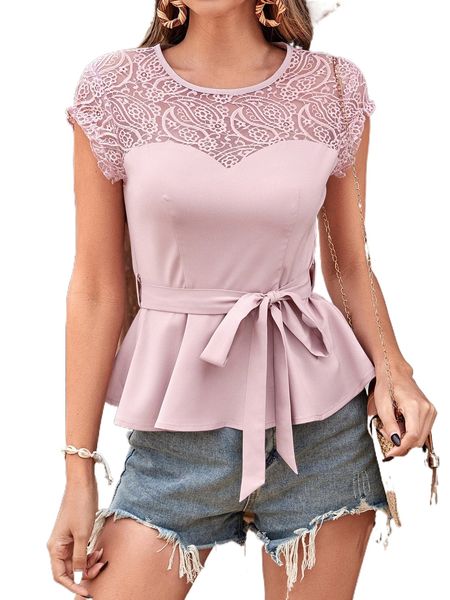 

solid contrast lace cap sleeve belted peplum blouse o8qa#, White