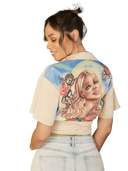 

x abrar zenkawi figure graphic tie front wrap crop blouse 15yt#, White