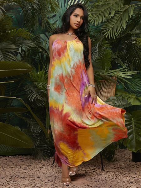 

sxy tie dye print asymmetrical hem cami dress d3af#, Black;gray
