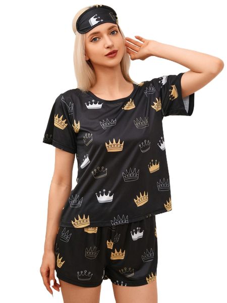 

graphic print tee & shorts pj set r0q0#, Black;red