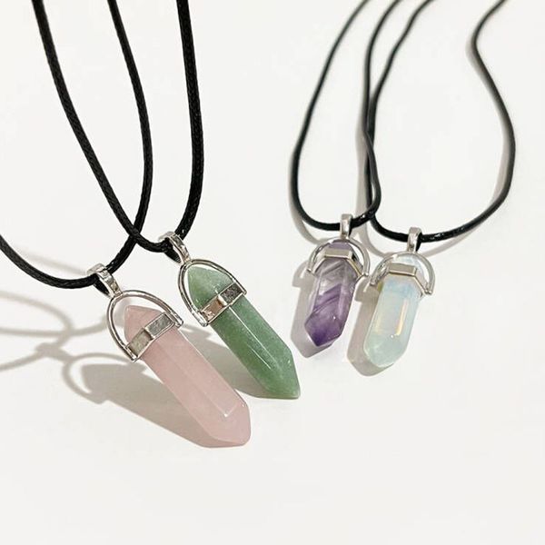 

24 design natural green aventurine opal quartz crystal pendant black leather hexagon pendant chrysocolla choker necklace jewelry 220813, Silver