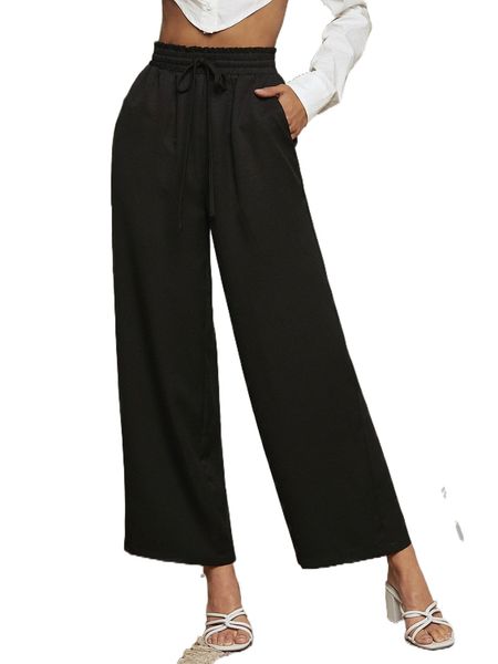 

solid drawstring waist wide leg pants 38z3#, Black;white