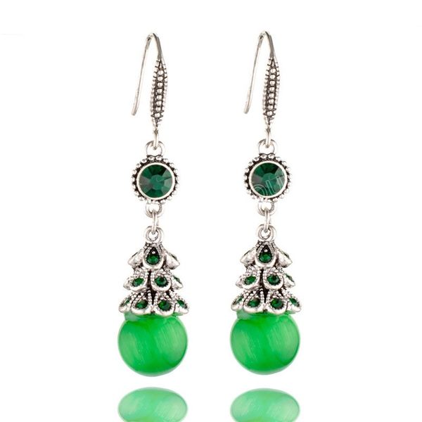 

antique style round cat's eye stone drop earrings for women classic boho purple opal earrings female zircon wedding jewelry, Silver