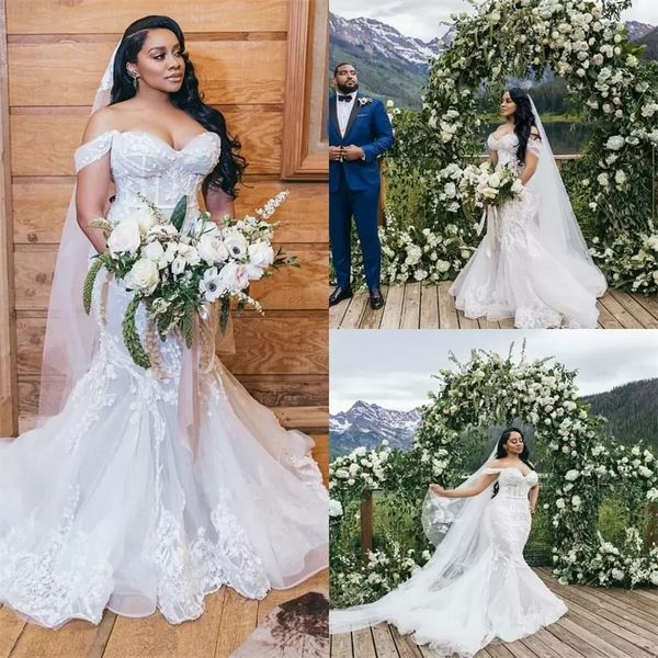 

2022 plus size mermaid wedding dresses off-shoulder full appliqued lace wedding gown backles sweep train custom made vestidos de novia, White