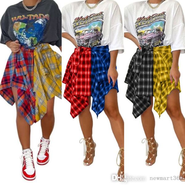 

retail womens splicing skirt fashion irregular asymmetrical lattice tied sleeve fake shirt skirt length plaid skirts, Black