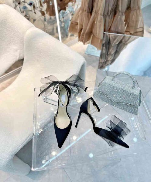 

2022 new mesh bow asymmetric pointed one line buckle high-heeled shoes female silk fairy style sandals female, Black