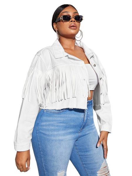 

sxy plus fringe trim drop shoulder denim jacket a4s0#, Black;brown