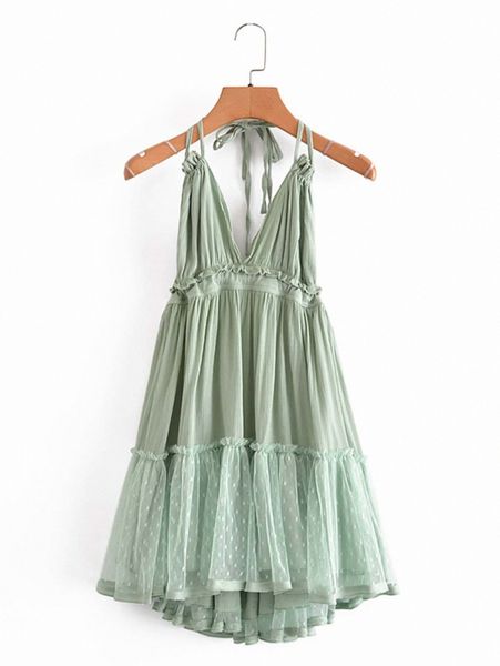 

dobby mesh self-tie ruffled halter dress y8af#, Black;gray