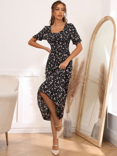 

ditsy floral square neck puff sleeve a-line dress r6mi#, Black;gray