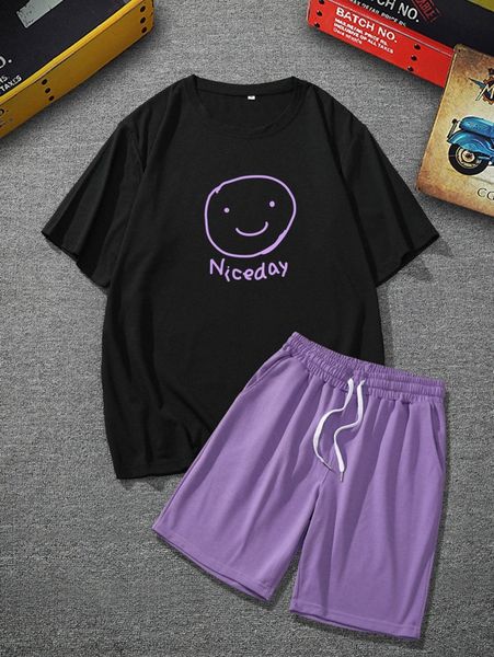 

men expression & letter graphic tee & drawstring waist shorts c9cr#, Gray