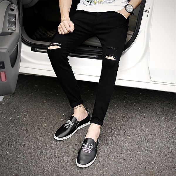 

arrival spring summer knee hole men cowboy hip hop street black denim skinny jeans men teenagers ankle length pencil pants 201111, Blue