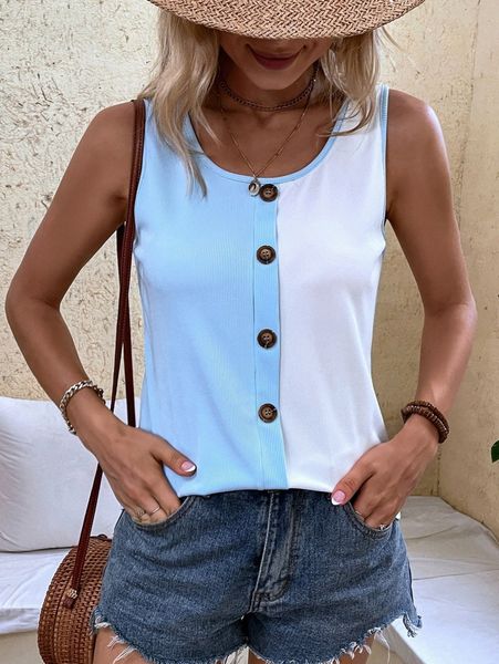 

two tone button front tank d02h#, White