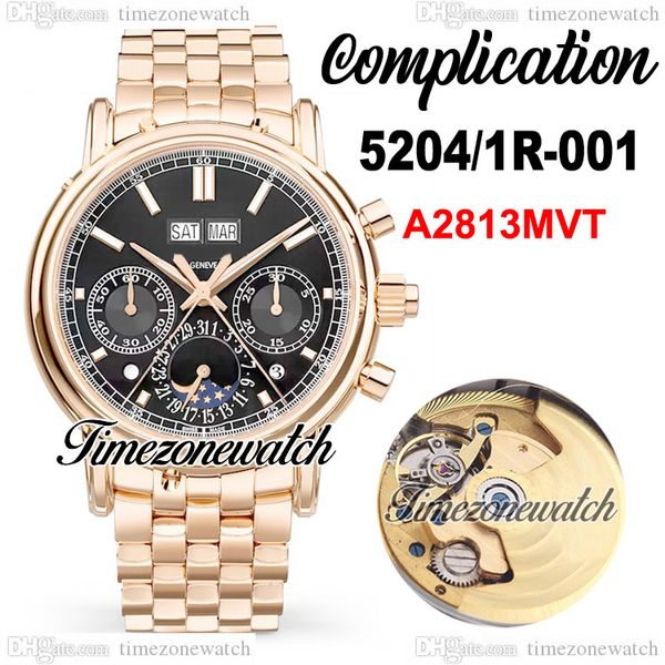 

new grand complication 5204/1r-001 a2813 automatic mens watch moon phase 5204 black dial stick marker rose gold case steel bracelet watches, Slivery;brown
