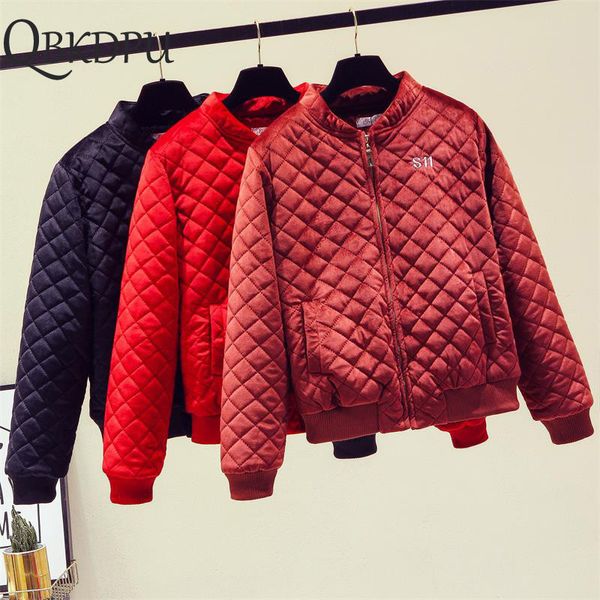 

embroidery fashion women short winter jacket korean velvet loose cotton coat female padded casual baseball streetwear 201027, Black