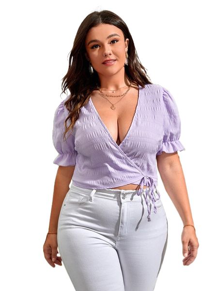 

plus puff sleeve wrap knot side crop blouse 921t#, Black