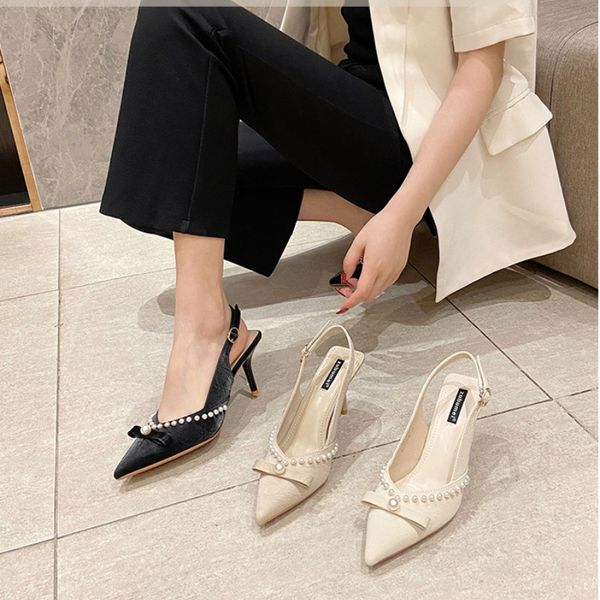

elling korean women's fashion pearl chain shoes female summer pearl pointed thin heel fairy wind baotou sandals classic luxury high hee, Black
