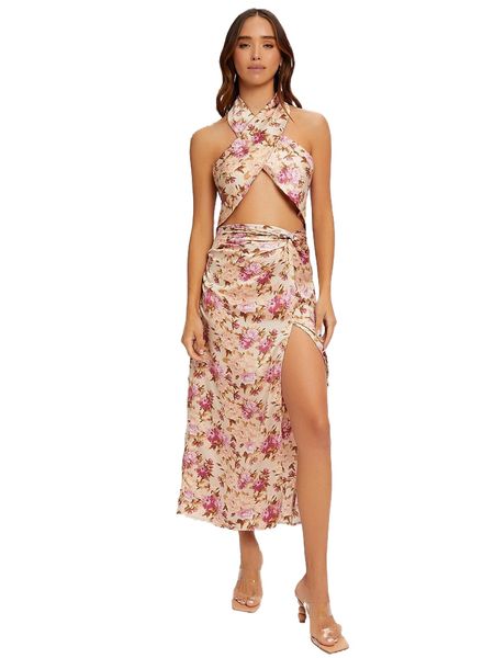 

allover floral print crisscross tie back crop halter & twist waist skirt set v4d0#, White
