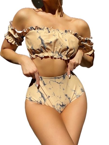 

marble print lettuce trim bikini swimsuit m6uh#, White;black