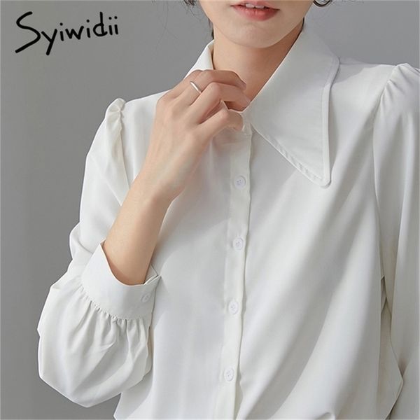 

women blouses big pointed collar white button up shirt casual office ladies shirts puff long sleeve spring 210607